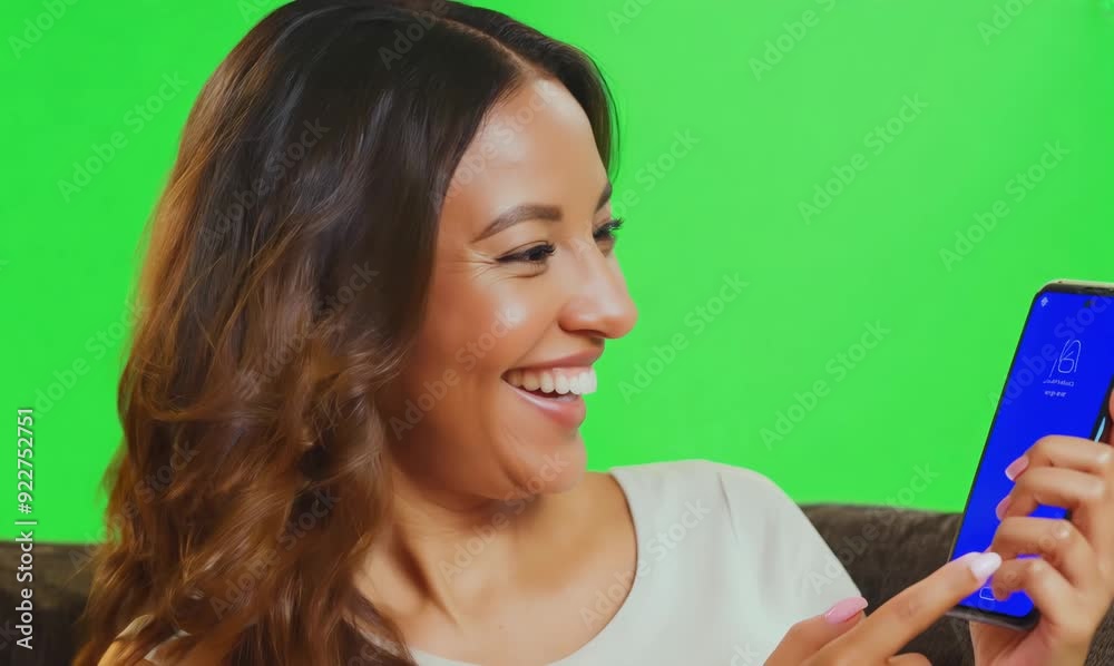 Chroma Green Screen Close-Up of Woman Enjoying Streaming Service on Smartphone