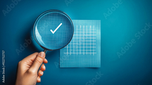 Hand holding a magnifying glass over a document with a checkmark, symbolizing detailed verification and analysis in a blue-toned background.