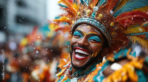 A colorful carnival performer is captured in mid-celebration, beautifully adorned in an elaborate outfit featuring vibrant feathers and beads, embodying festive spirit.