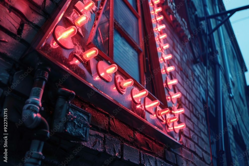 A colorful neon sign illuminates the side of a building, perfect for use in urban or commercial settings A colorful neon sign illuminates the side of a building, perfect for use in urban or commercial settings
