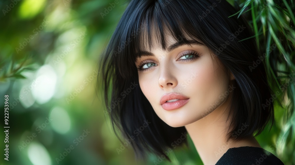 A woman with black hair posing in front of a green bush, AI A woman with black hair posing in front of a green bush, AI