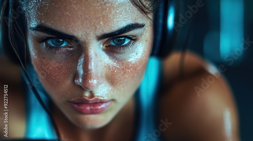 A woman intensely focused, sweating, and wearing headphones during a rigorous workout in the gym, highlighting her dedication, concentration, and commitment to her fitness goals. photo