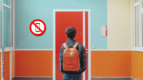 Back view of a schoolboy at school and a sign prohibited use of phones in classroom