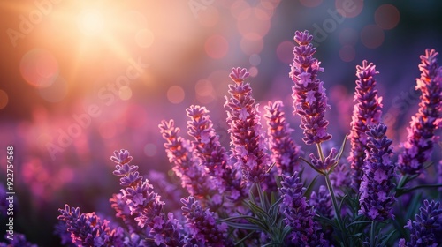 Lavender bush in selective soft focus on a summer day. Background features soothing purple and green tones with copy space