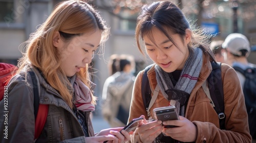 Wallpaper Mural Linguistics Students on Campus Use Language Learning Apps on Smartphones to Practice Conversations with International Students, Enhancing Their Language Skills Torontodigital.ca