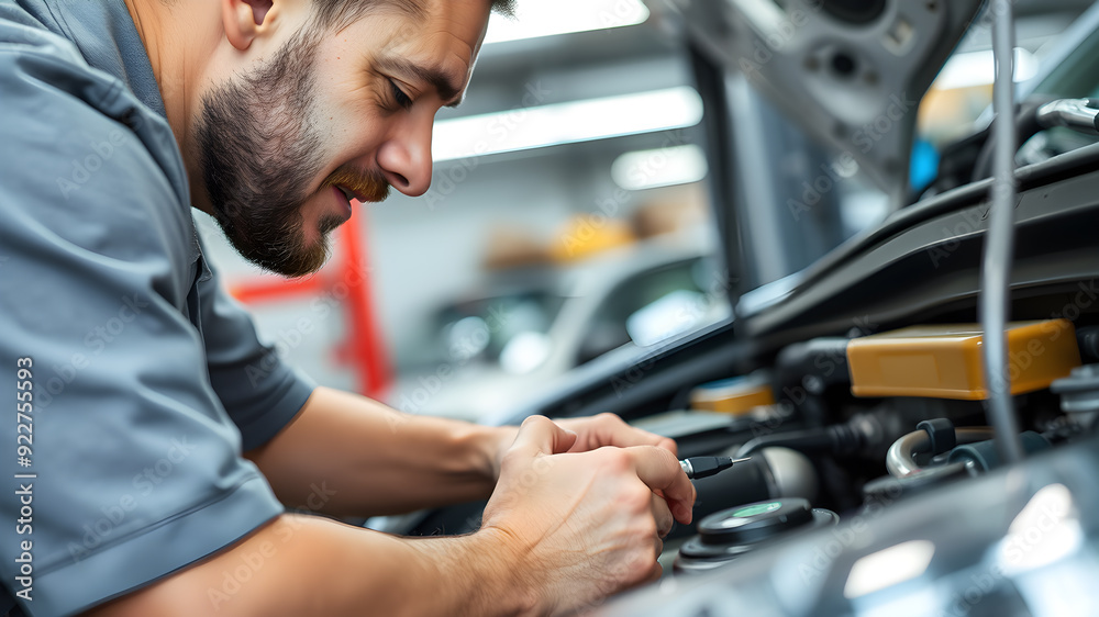 Auto mechanic fixing car at automobile repair shop, closeup. Generative AI Auto mechanic fixing car at automobile repair shop, closeup. Generative AI