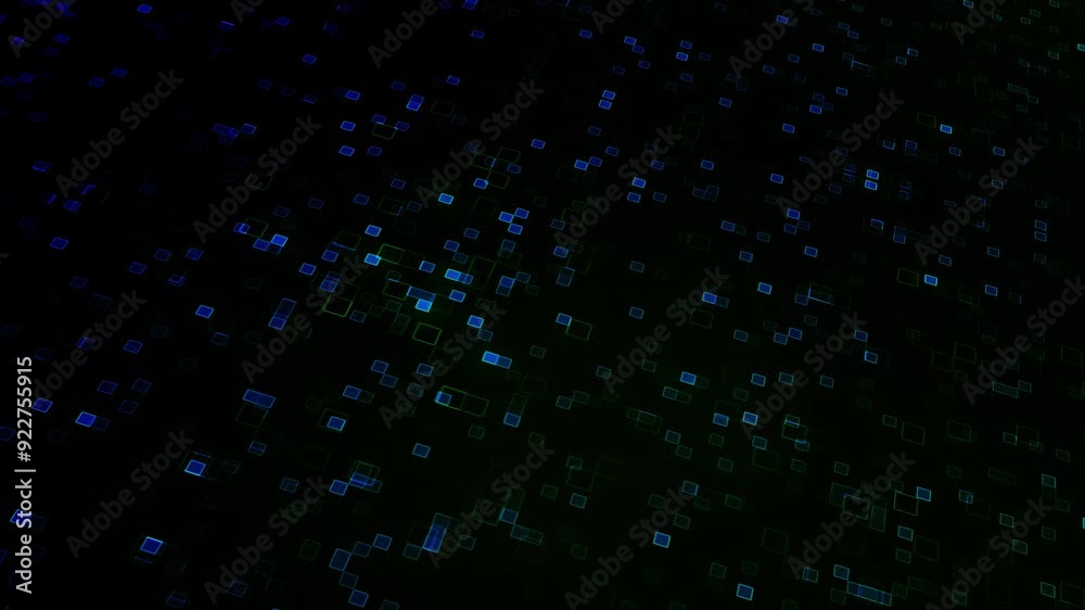 A rotating dark background with green and blue squares of different sizes and different saturations. The squares change shape and size randomly. Technological cyberspace representation wallpaper video A rotating dark background with green and blue squares of different sizes and different saturations. The squares change shape and size randomly. Technological cyberspace representation wallpaper video