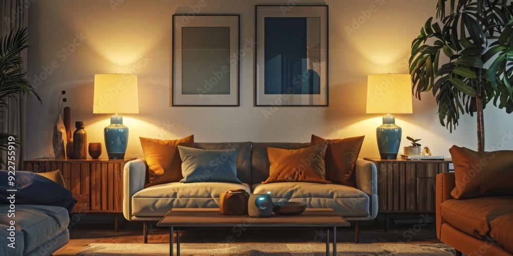 Cozy living room with warm lighting and modern decor in a contemporary home setting Cozy living room with warm lighting and modern decor in a contemporary home setting