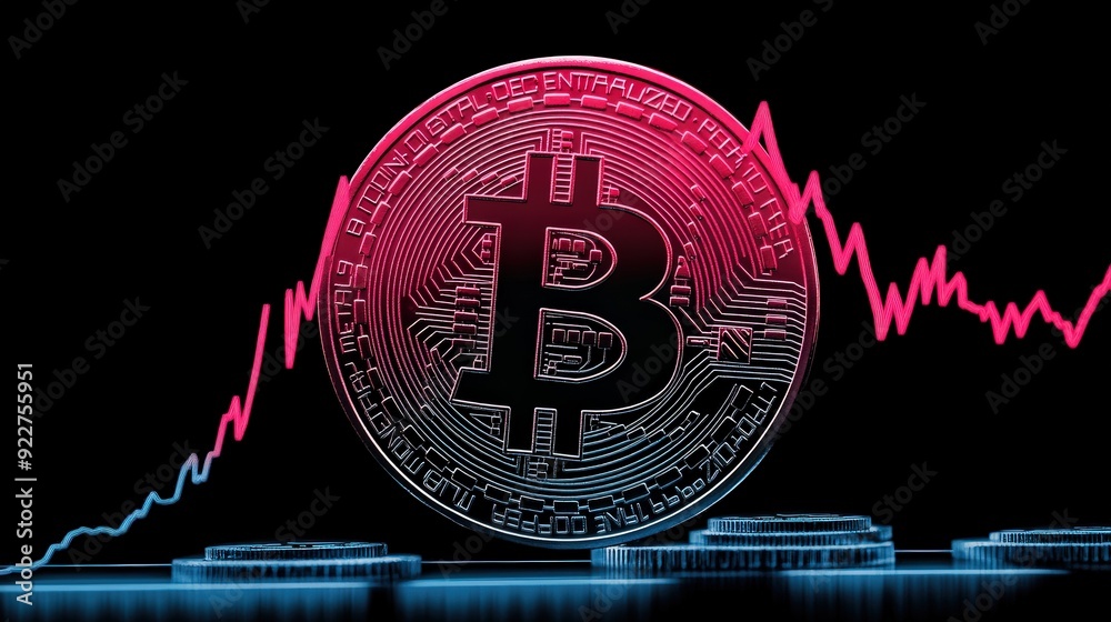 Fototapeta premium Animated graph showing the rise and fall of Bitcoin value over time.