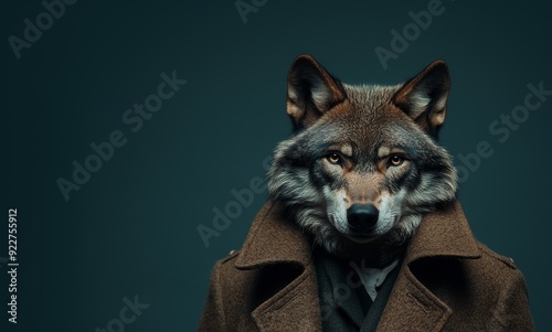 A striking image of a wolf wearing a stylish coat, blending elements of nature and fashion for a unique visual narrative. photo