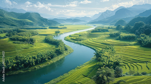 A large green field and a river, rice fields, staggered terraces, terraced orchards and ponds, very beautiful scenery, extremely gorgeous natural landscape, truly exquisite nature. Generative AI. photo