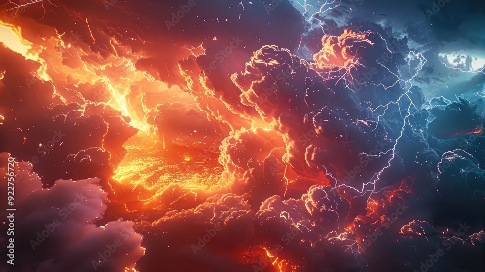An epic sky where huge clouds gather and lightning illuminates them, with red flames erupting from inside them. Generative AI. An epic sky where huge clouds gather and lightning illuminates them, with red flames erupting from inside them. Generative AI.