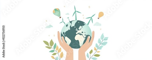 Hands holding the Earth with wind turbines and hot air balloons