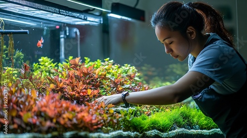 A dedicated aquarist carefully arranging aquatic plants in a large glass aquarium, showcasing vibrant colors of fish and plants photo