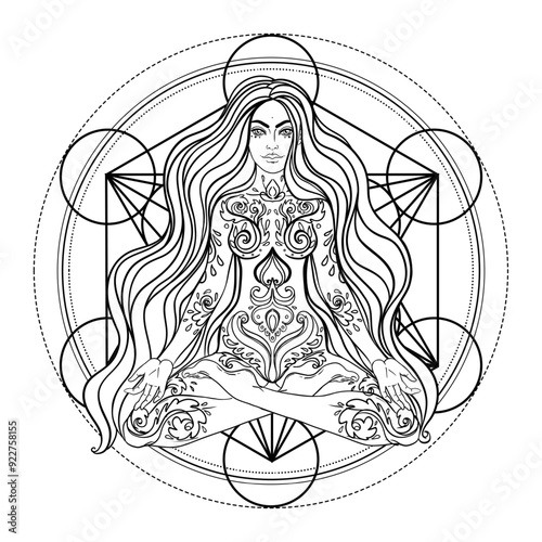 Tribal Goddess. Boho Girl over black and white ornate mandala. Vector ornate decorative illustration isolated on white. Buddhism esoteric motifs. Tattoo, spiritual yoga. Coloring book.