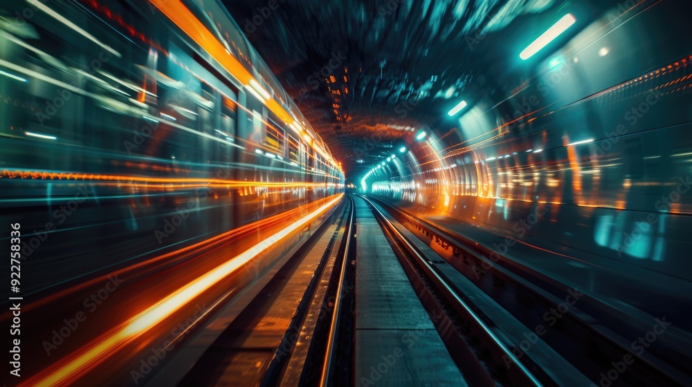 A train travels through a dark tunnel at night, illuminated by the lights inside A train travels through a dark tunnel at night, illuminated by the lights inside