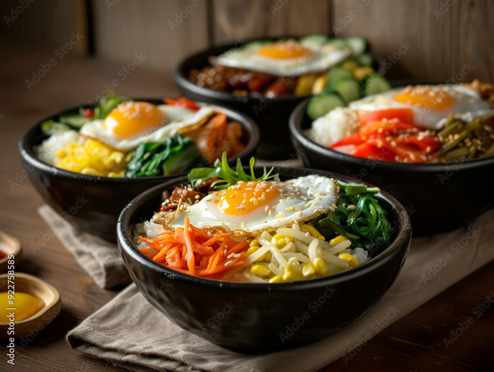 Korean bibimbap, featuring an array of rice with vegetables and fried eggs. Korean bibimbap, featuring an array of rice with vegetables and fried eggs.