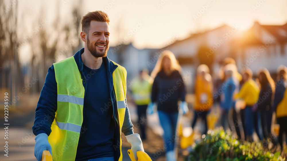 Obraz premium Energetic community volunteer leading a diverse group in a neighborhood clean-up, representing service, unity, and community spirit, volunteer, community, service, unity, clean-up