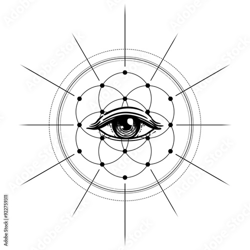 Eye with sacred geometry symbol tattoo design. Seed of Life. Ancient geometric spiritual symbol. Overlapping circles floral pattern, Flower of Life. Black and white vector illustration.