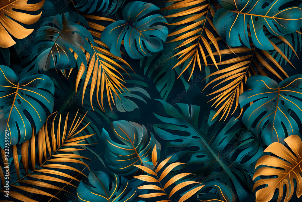 Tropical leaf pattern with rich teal and gold tones, featuring intricate monstera and palm leaves, creating a luxurious and vibrant design, horizontal Tropical leaf pattern with rich teal and gold tones, featuring intricate monstera and palm leaves, creating a luxurious and vibrant design, horizontal