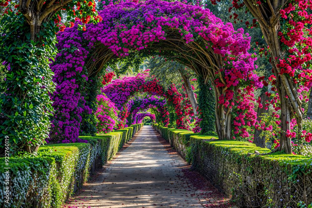Fototapeta premium Garden arbor arches covered with purple and red bougainvillea flowers, hedges, lush, outdoor exterior design, background