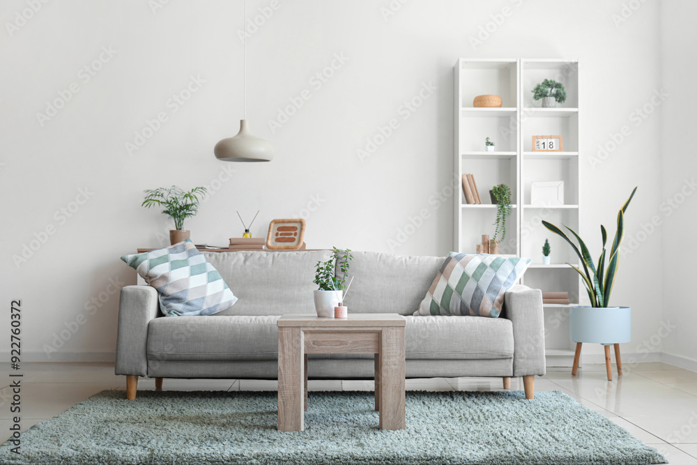 Obraz premium Aroma diffuser and houseplant on wooden table and comfortable sofa in interior of living room