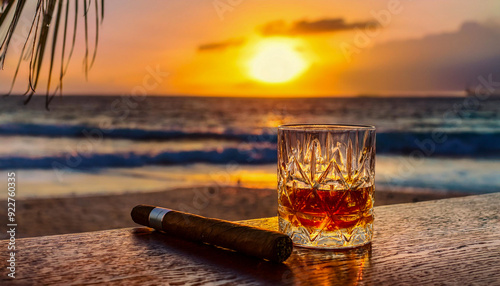 Fototapeta Naklejka Na Ścianę i Meble -  A glass of rum next to a Cuban habaneros cigar on a rustic cafe table at the beach during a sunset