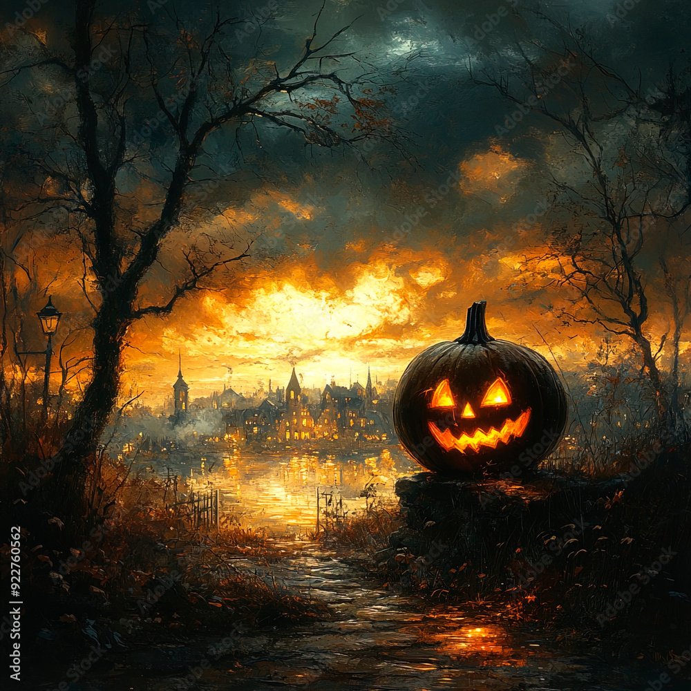 Fototapeta premium Central empty 3D podium, with Jack-o'-lanterns and a gothic candelabra. Bats and cobwebs fill the scene, with candy strewn across a stone floor, all in a dark and mysterious atmosphere.