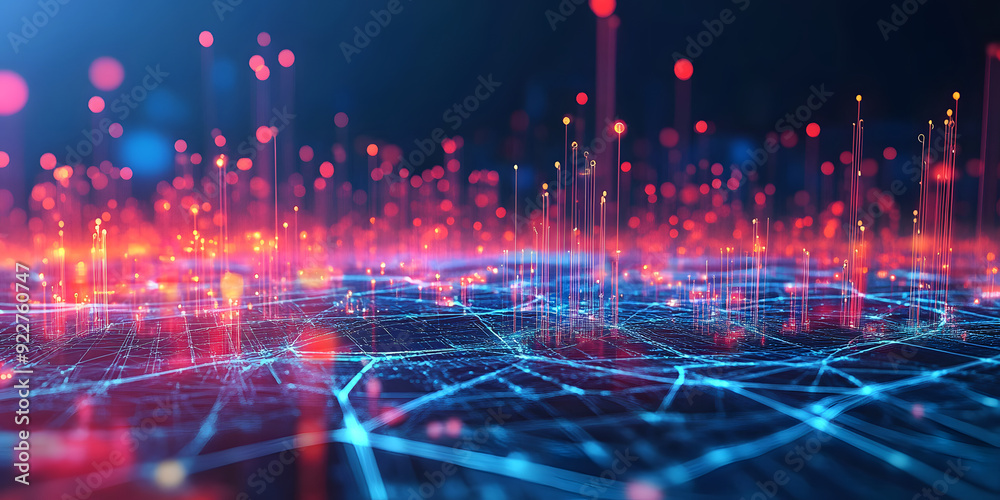 Fototapeta premium abstract dark blue background with many orange rays and dots pointing upward. neon colors