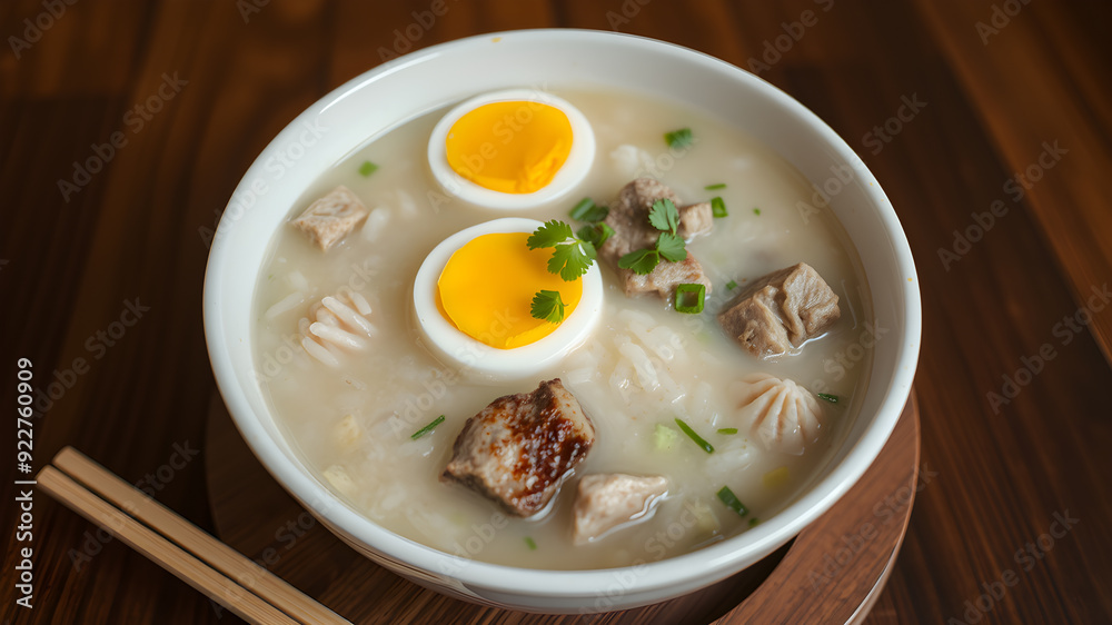 Congee or rice porridge with pork and eggs, thai food, asian food, chinese food. Generative AI Congee or rice porridge with pork and eggs, thai food, asian food, chinese food. Generative AI