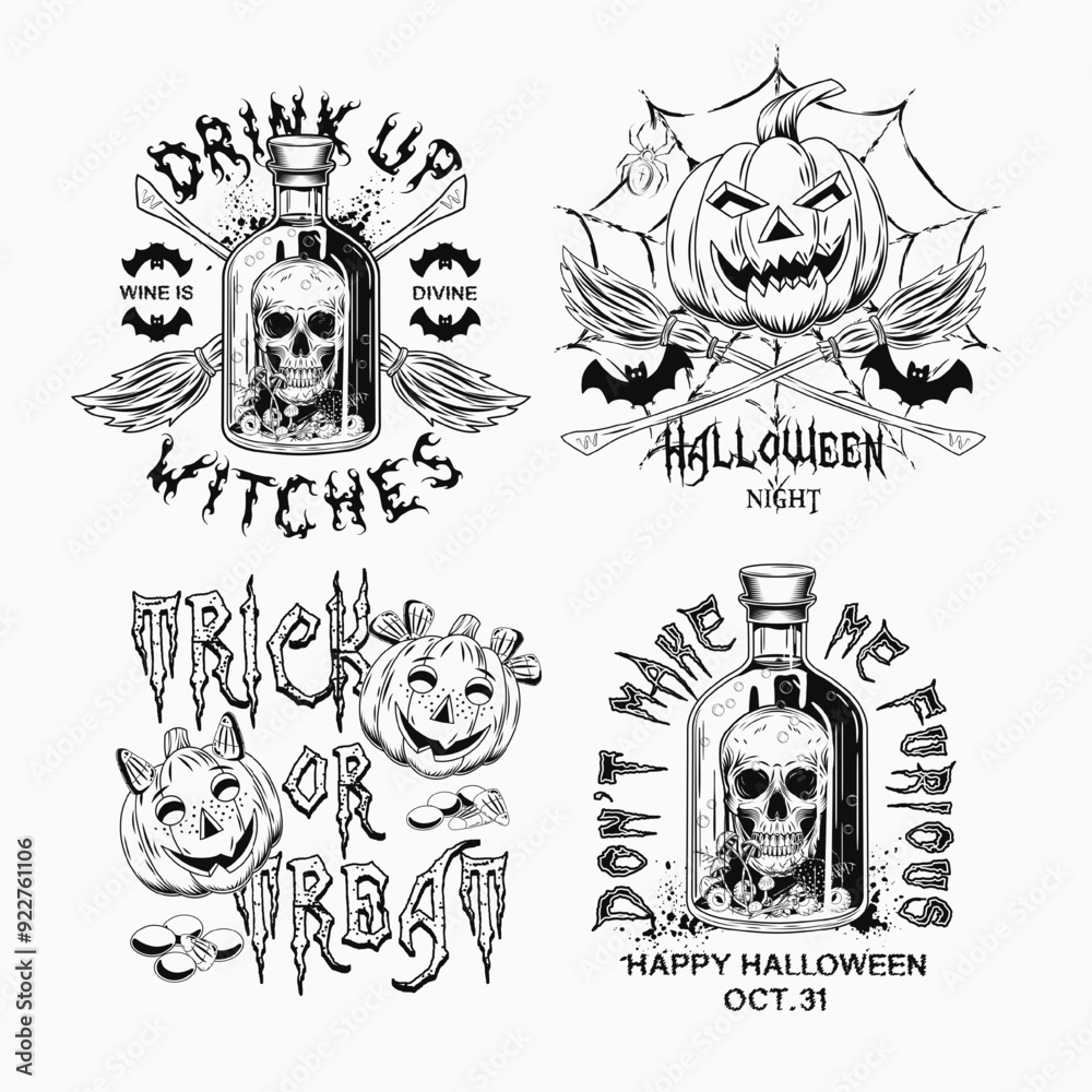 Labels with bottle with skull and poisonous potion, criss crossed brooms, spider web, pumpkin heads, text. Black and white witchy illustrations on white background in vintage style Labels with bottle with skull and poisonous potion, criss crossed brooms, spider web, pumpkin heads, text. Black and white witchy illustrations on white background in vintage style