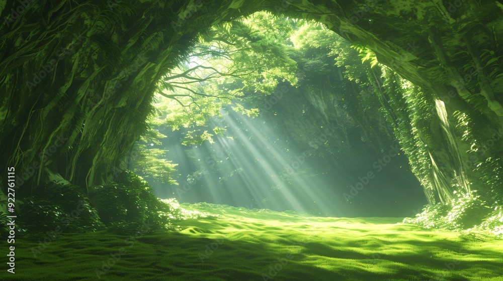 Fototapeta premium Sunbeams Through a Lush Cave Entrance