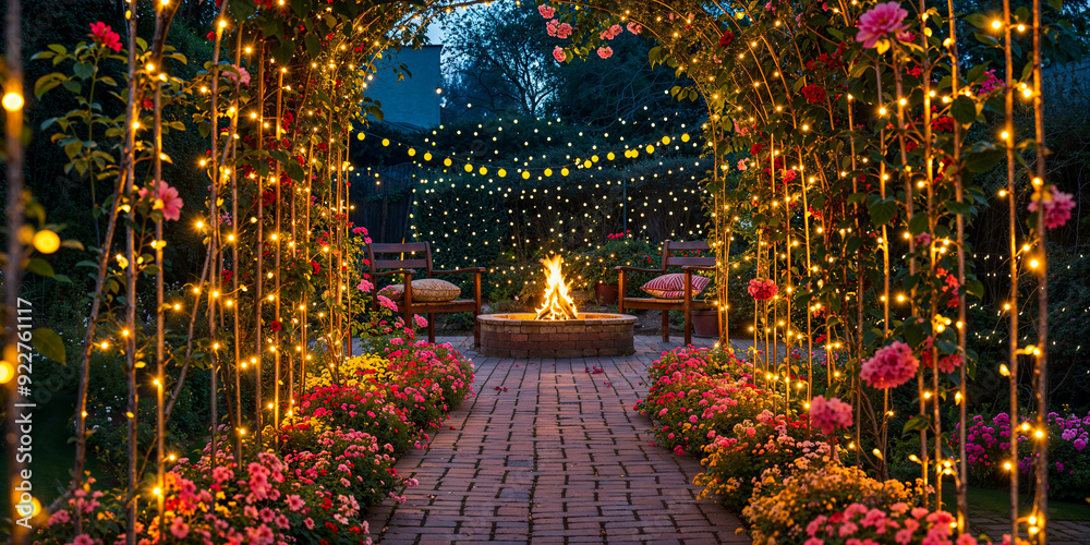 Obraz premium Garden arbor arches covered in string lights, stone brick path leading to fire pit and wooden chairs, night, outdoor exterior design, background