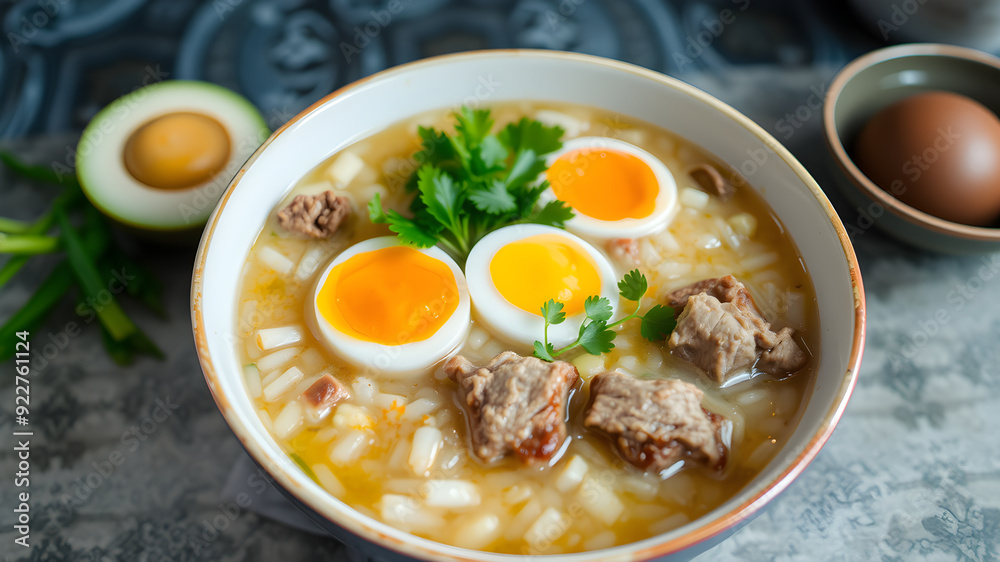 Congee or rice porridge with pork and eggs, thai food, asian food, chinese food. Generative AI Congee or rice porridge with pork and eggs, thai food, asian food, chinese food. Generative AI