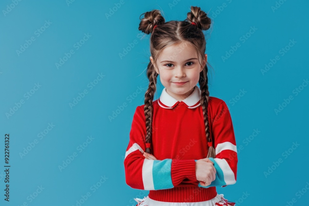 A young girl wearing a bright red sweater and white skirt, captured in a candid moment A young girl wearing a bright red sweater and white skirt, captured in a candid moment
