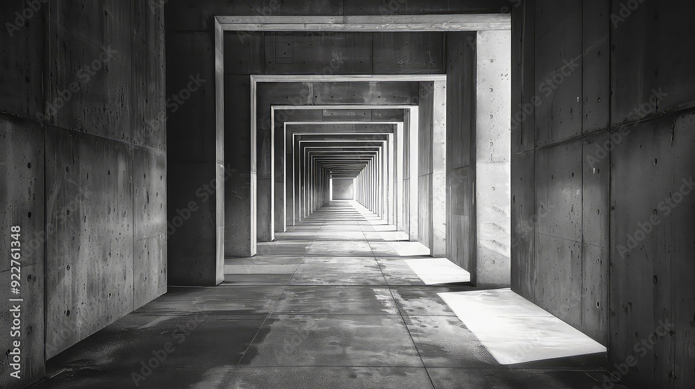 A black and white photo of a long, narrow, concrete hallway with a series of doorways leading to a bright, light-filled space at the end. A black and white photo of a long, narrow, concrete hallway with a series of doorways leading to a bright, light-filled space at the end.