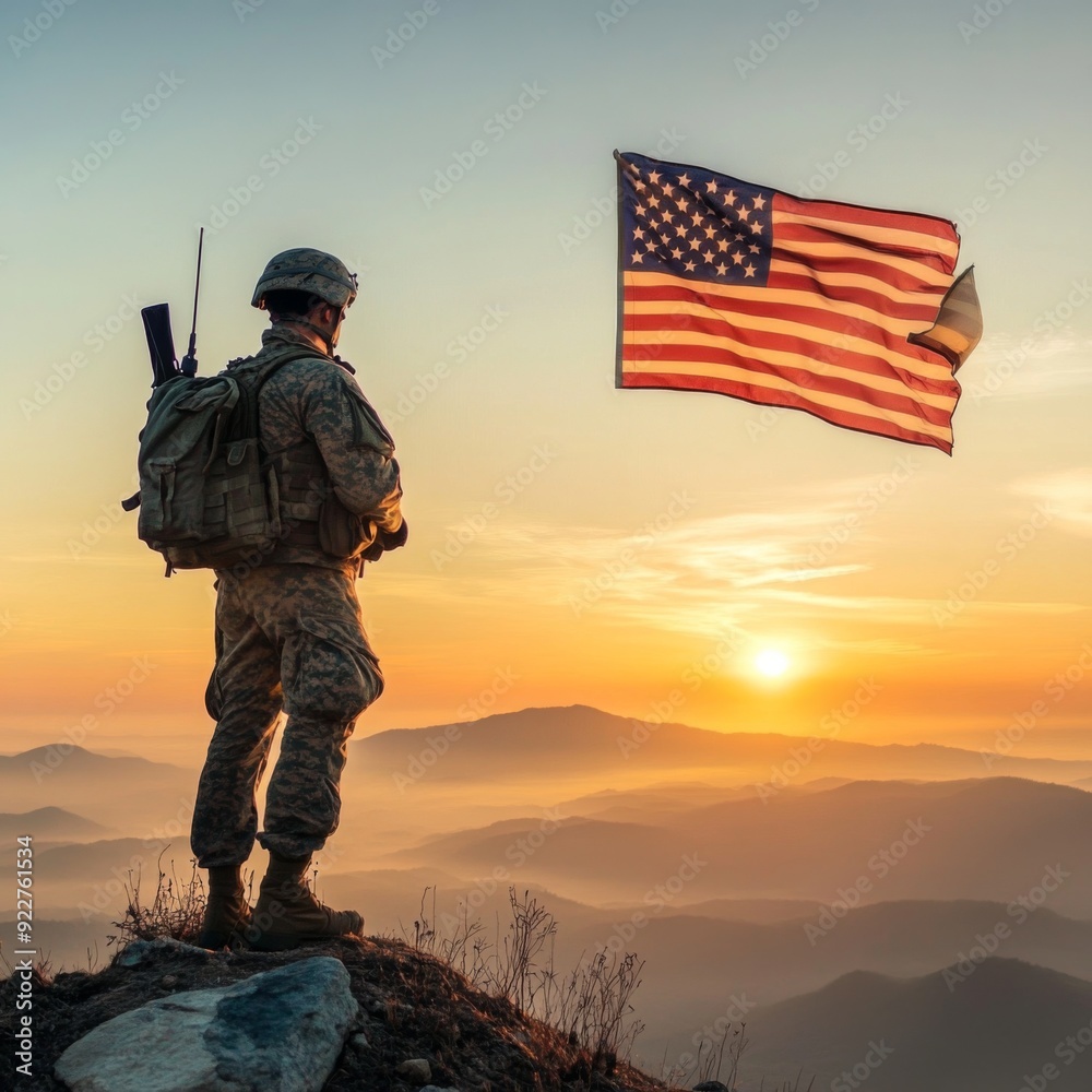 Dawn of Valor: A Soldier and the American Flag at Sunrise, Honoring Veterans Day with Patriotic Pride Dawn of Valor: A Soldier and the American Flag at Sunrise, Honoring Veterans Day with Patriotic Pride