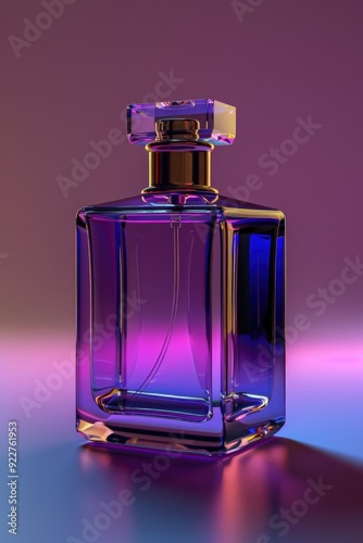 A bottle of perfume in a deep purple color sits on a table, perfect for use as a decorative prop or product image