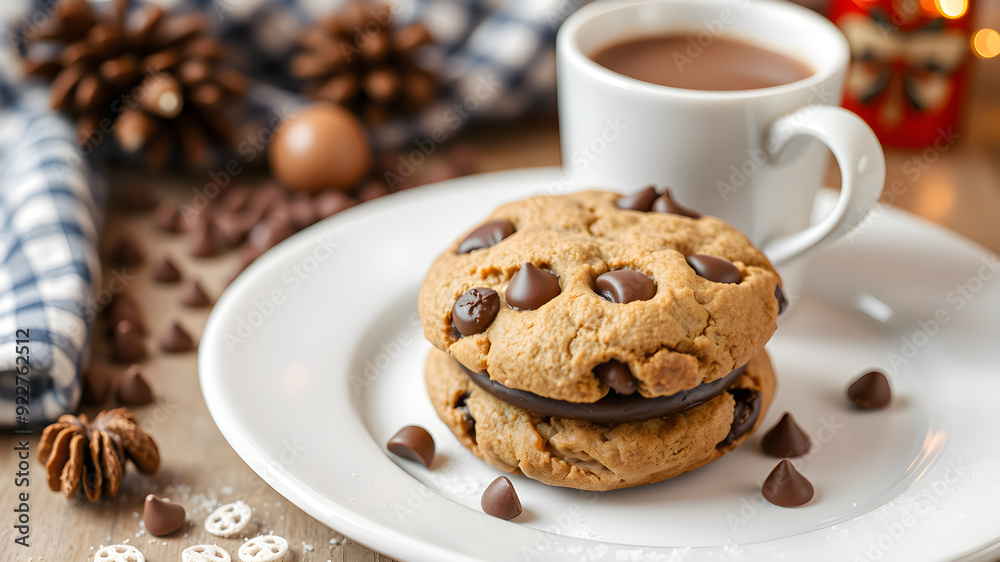 chocolate chip cookie on white plate with hot cocoa. Generative AI chocolate chip cookie on white plate with hot cocoa. Generative AI
