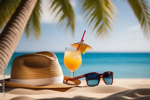 Closeup of cocktail on the beach with hat and sunglasses