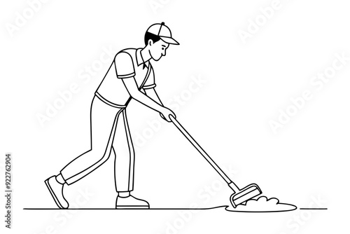 Line Art and flat Vector Illustration of a Janitor Mopping the Floor: Cleanliness in Action photo