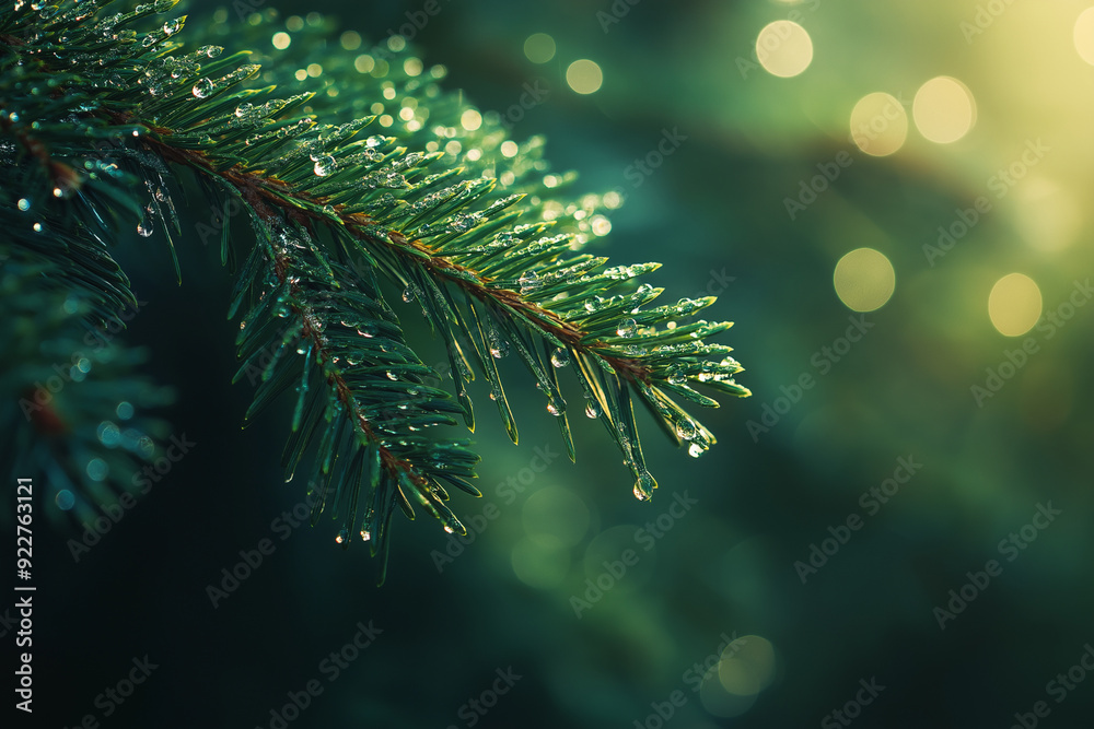 Green spruce branch with water drops, close-up photo pine , Christmas tree background Green spruce branch with water drops, close-up photo pine , Christmas tree background