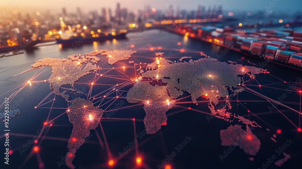 Digital representation of global trade with interconnected lines and graphs. Digital representation of global trade with interconnected lines and graphs.