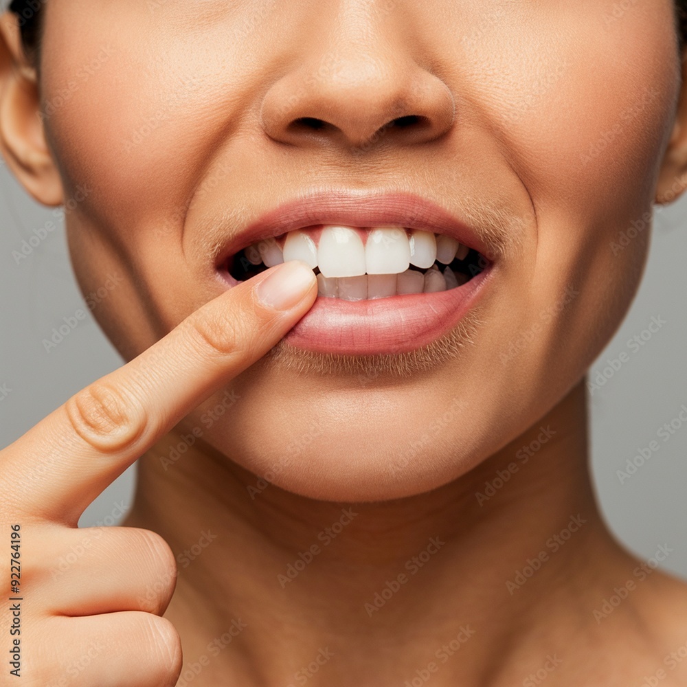Obraz premium A Woman's Hand Demonstrating Healthy Teeth Care: Closeup View, The Perfect Smile: Closeup of a Woman's Hand Indicating Healthy Teeth, Oral Hygiene Tips: Woman's Hand and Healthy Teeth Closeup, 