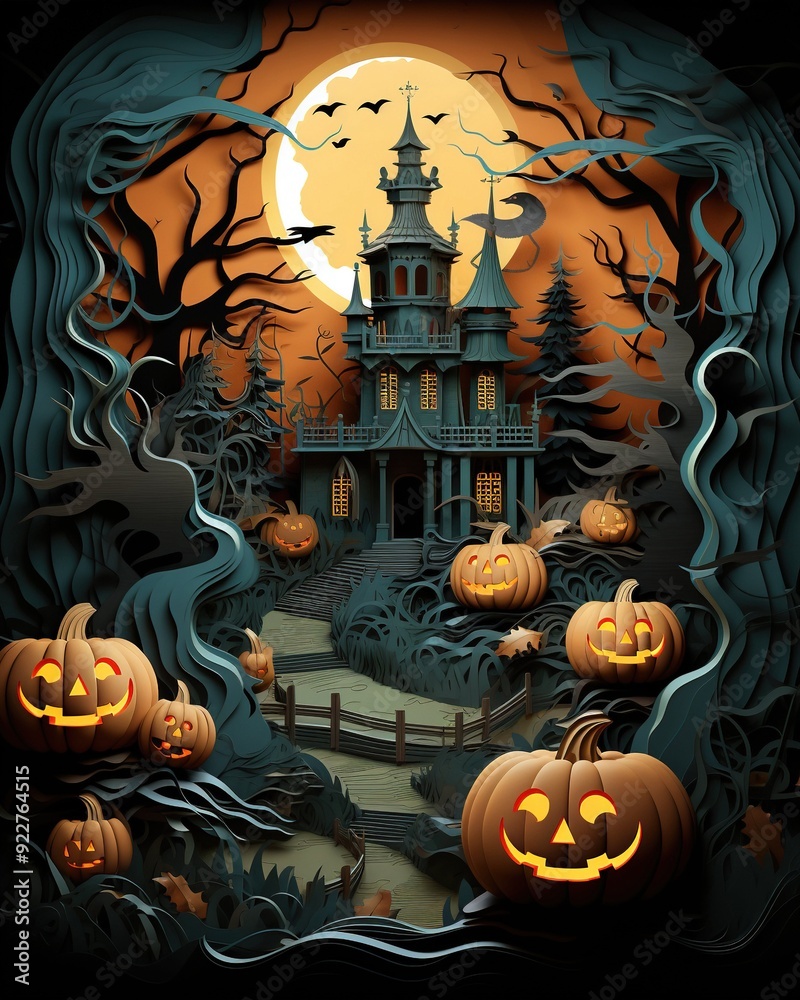 Fototapeta premium Halloween Poster with a Haunted House and Pumpkins