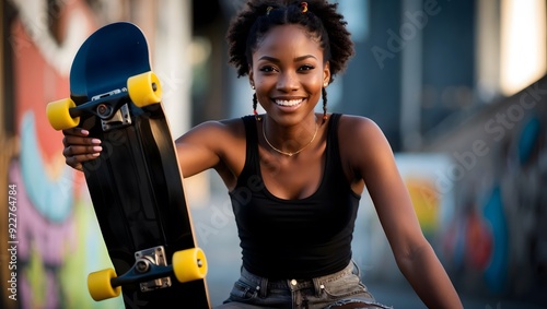 Smiling young black woman with natural curls holding skateboard in urban setting