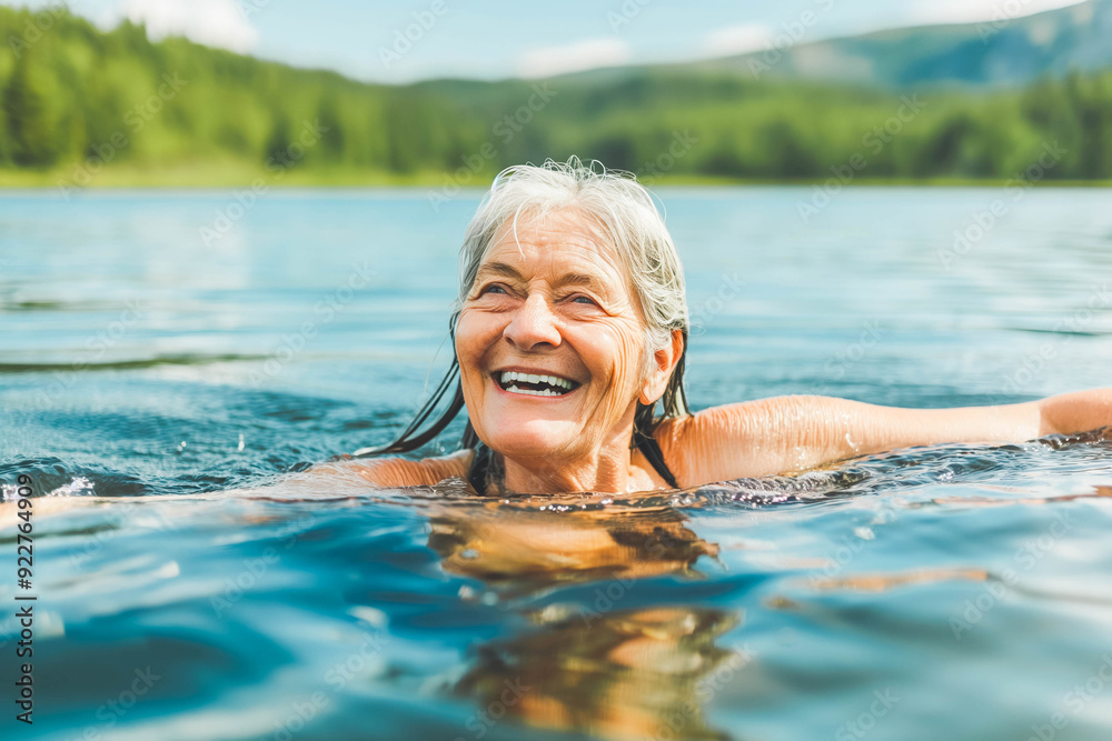 Fototapeta premium Active senior woman swimming in lake outdoors in nature, laughing