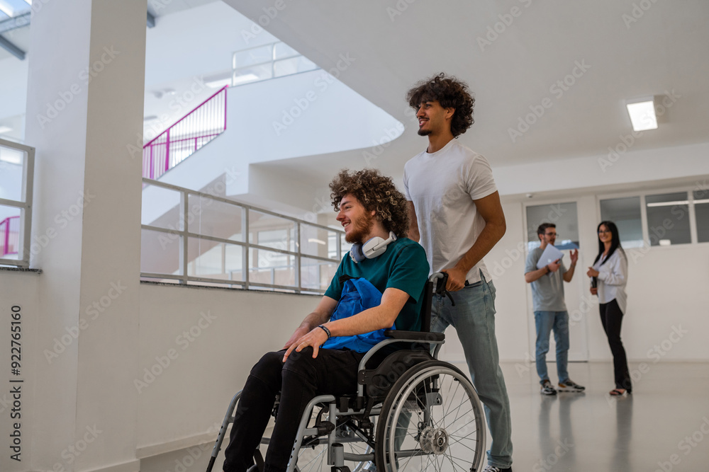 A group of happy diverse college students are walking in the university hallway, wheelchair user inclusion. A group of happy diverse college students are walking in the university hallway, wheelchair user inclusion.