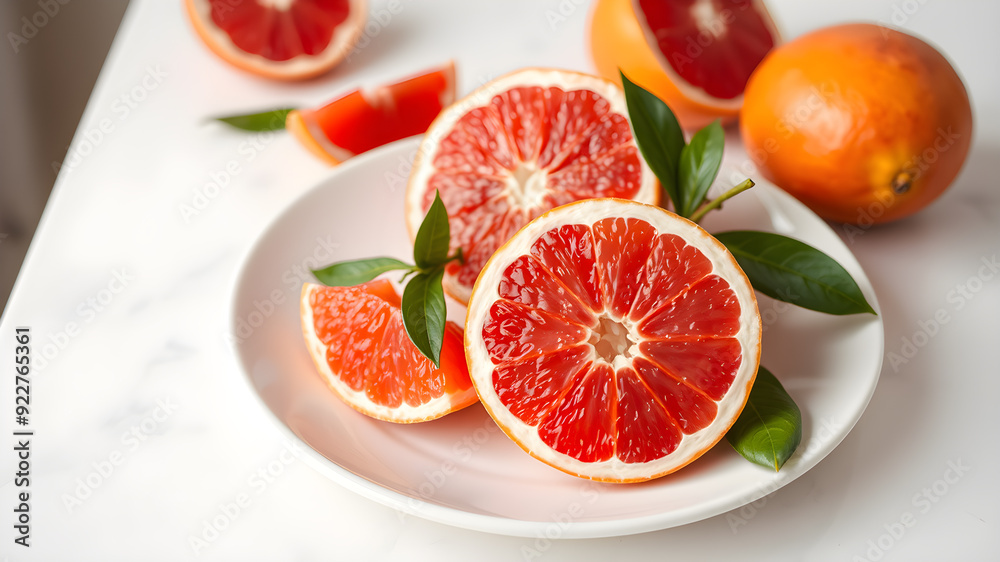 Grapefruit Ruby of Siam,Siam ruby grapefruit, tabtimsiam pomelo, red pomelo, in white plate on white table background. Generative AI Grapefruit Ruby of Siam,Siam ruby grapefruit, tabtimsiam pomelo, red pomelo, in white plate on white table background. Generative AI