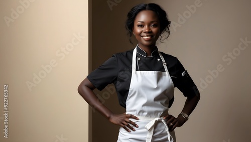 Confident young black female chef in black uniform and white apron, standing with hands on hips in a professional kitchen setting